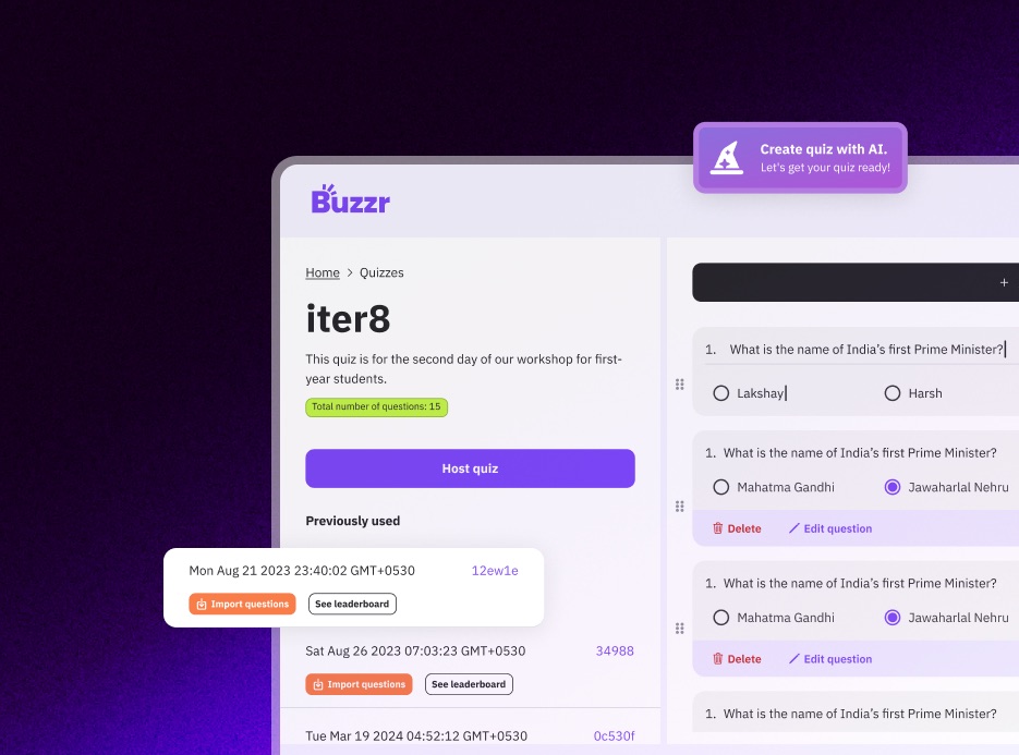 Buzrr quiz editor with the quiz title, a Host quiz button, past sessions and a list of multiple-choice questions